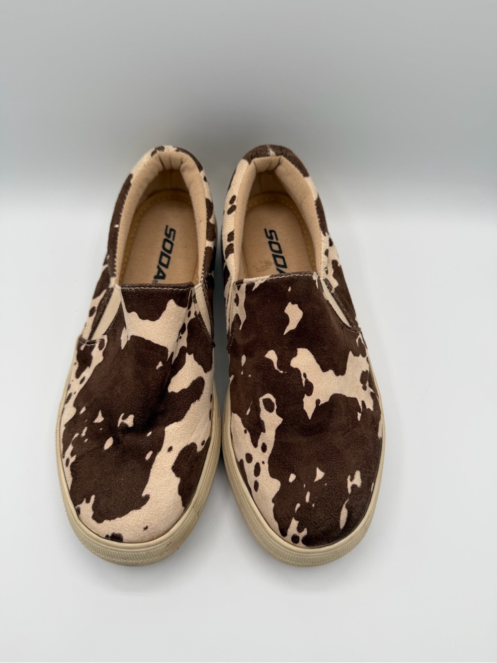Soda Brown & Cream Cow-Print Slip-On Sneakers